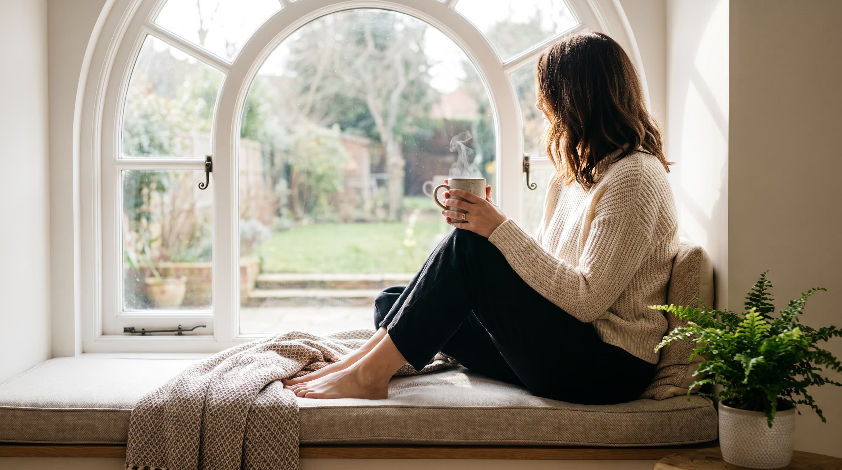 woman practicing morning stretching