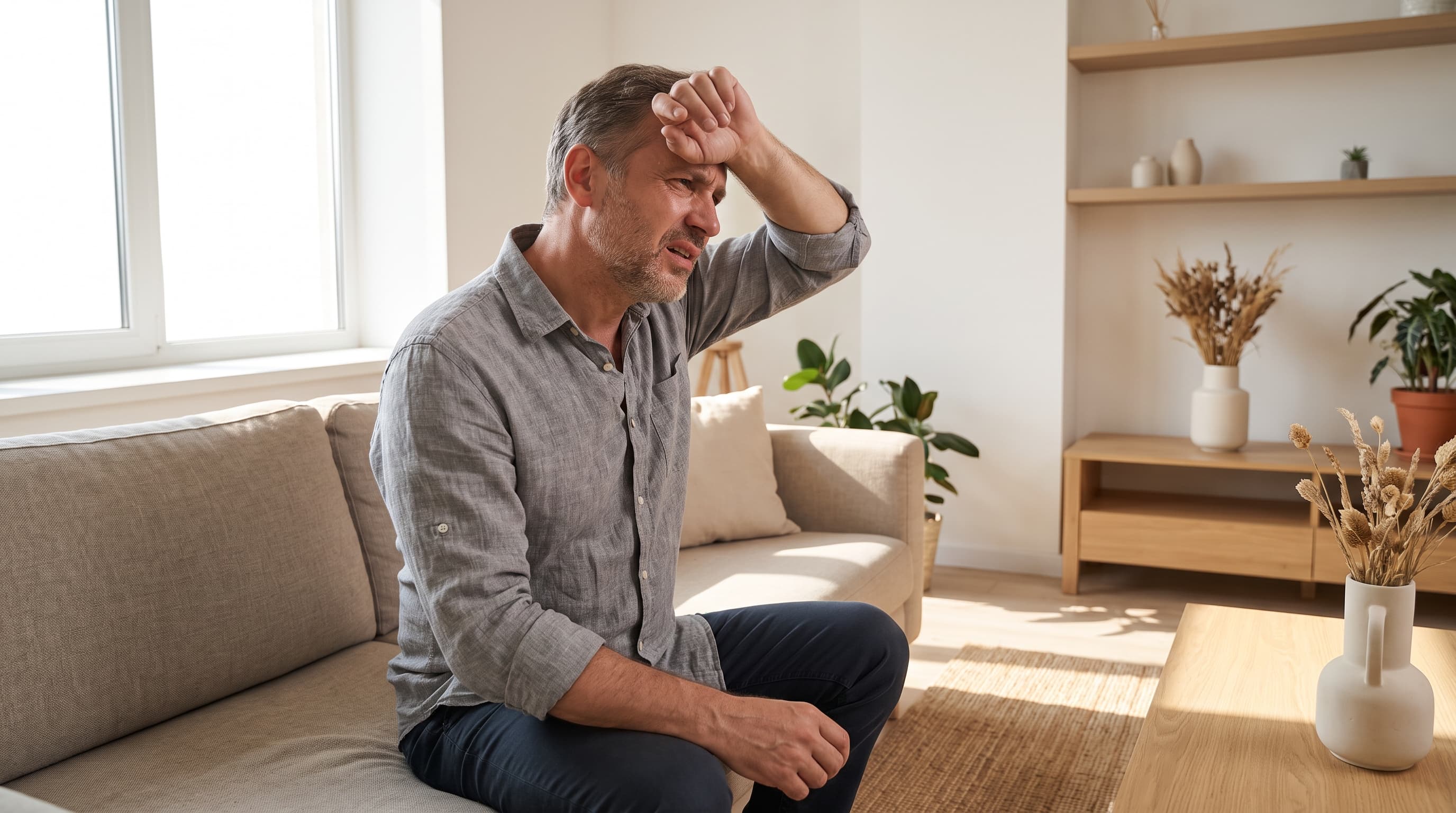 man wiping forehead