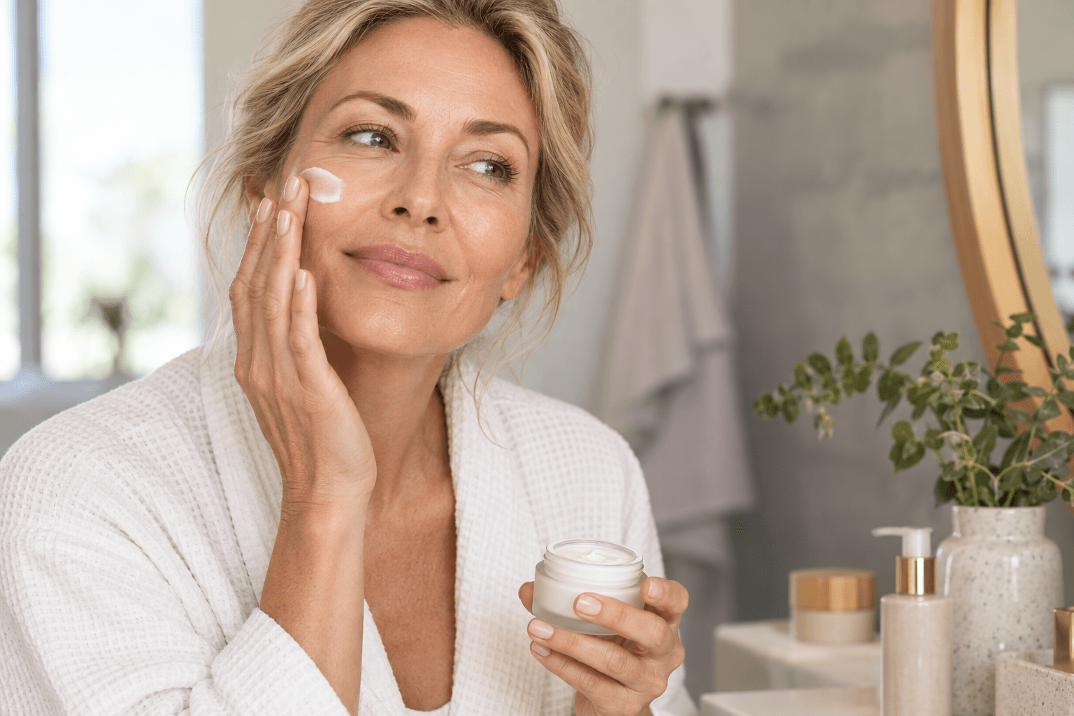 woman applying face cream at bathroom mirror